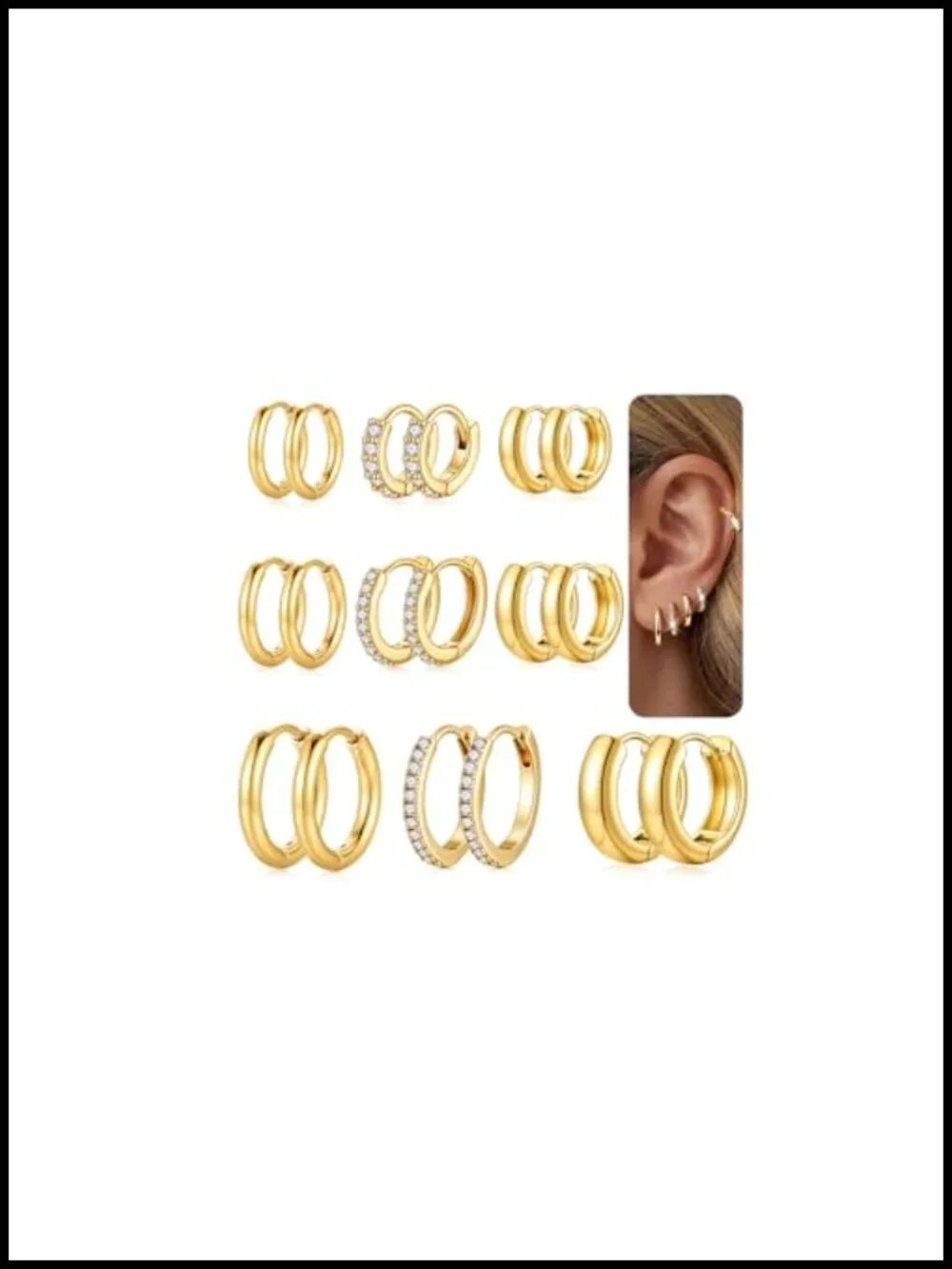 9 Pairs Gold Plated Hoop Earrings for Women, Hypoallergenic Huggies with CZ,